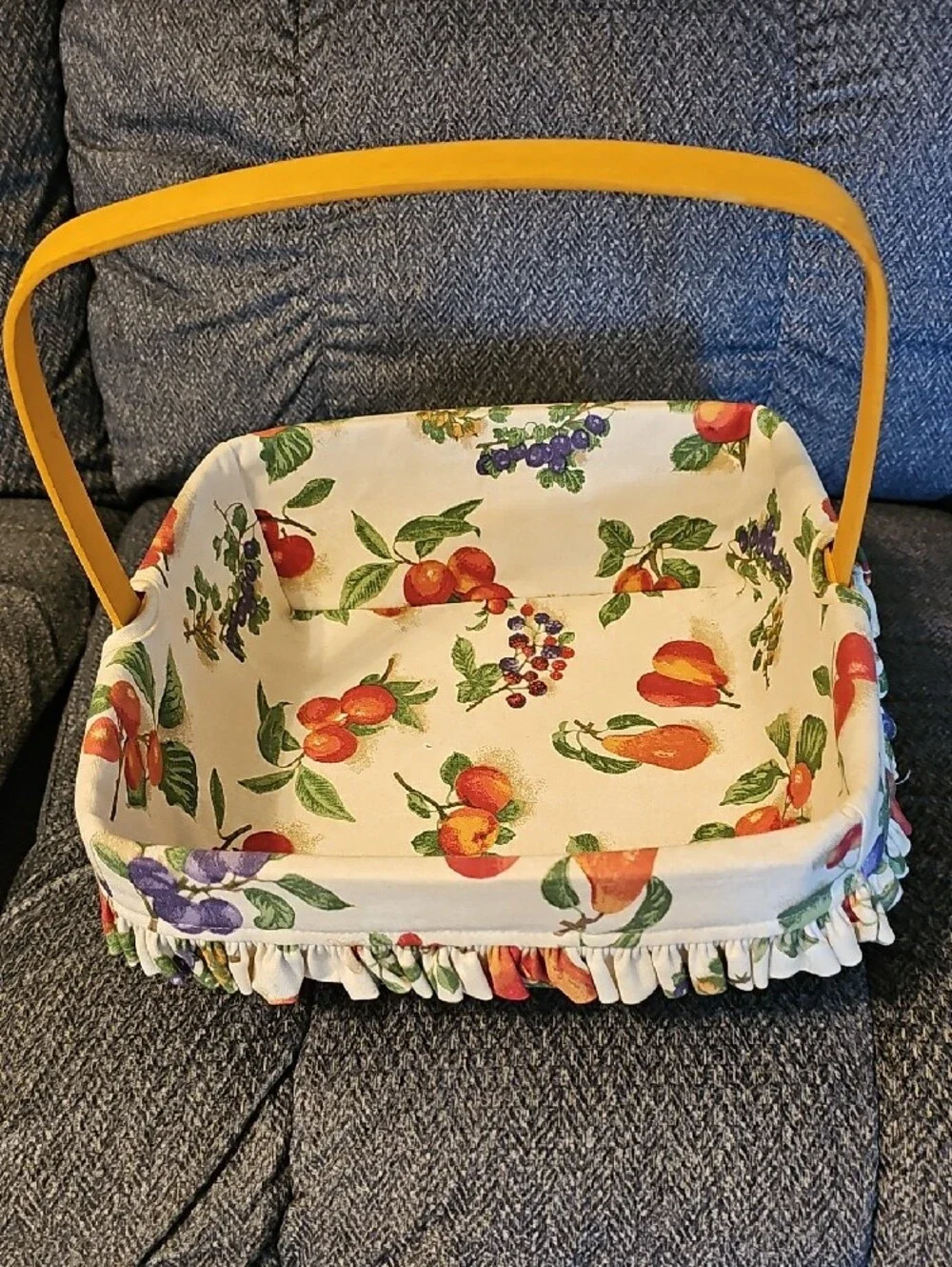 Longaberger Fruit-Print Wicker Basket with Cream Liner and Yellow Handle